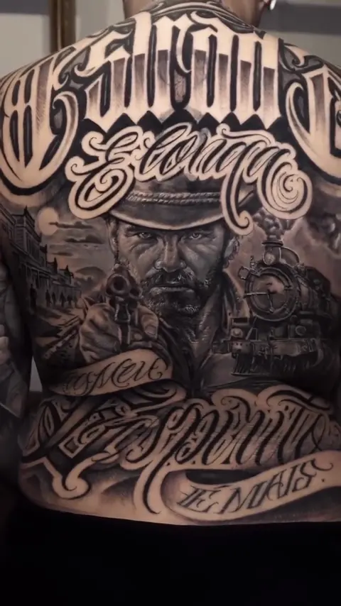 Costas fechadas com lettering, retrato de homem de chapéu e trem